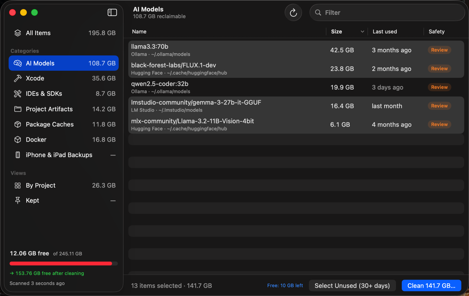 Storage Cleaner's AI Models view showing Ollama, Hugging Face and LM Studio models with last-used dates.