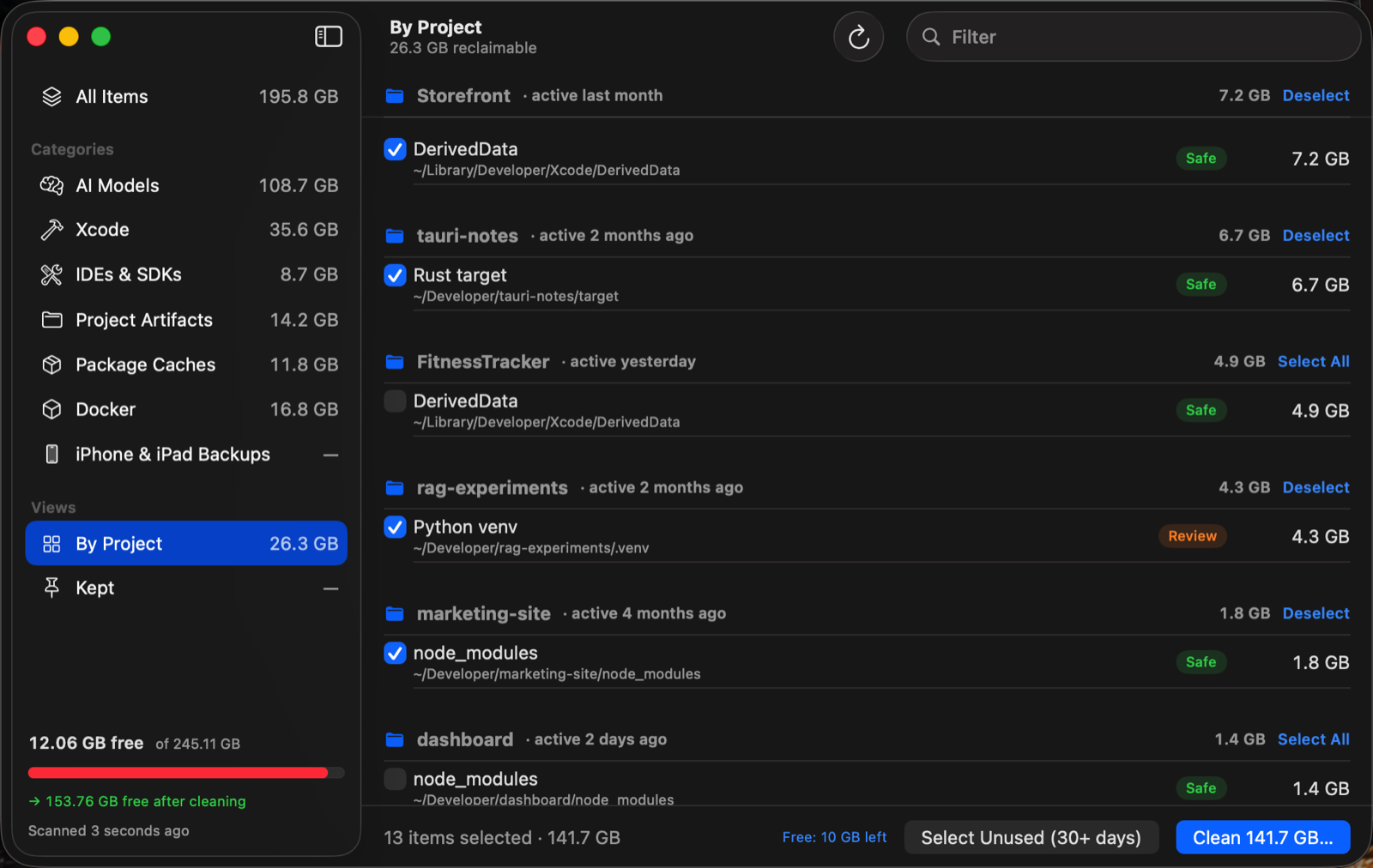 Storage Cleaner's By Project view grouping node_modules, Rust target, virtual environments and DerivedData per project.